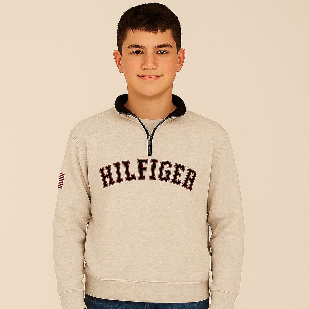 TOMMY HILFIGER Boys Gray M (12-14) Pullover Sweater 1/4 Zip Mock Collar USA Flag